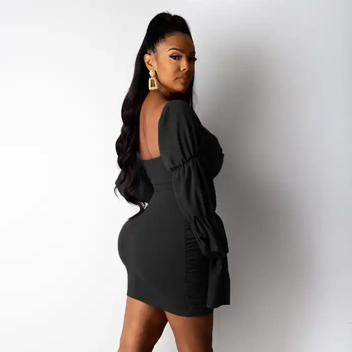 Women Fashion Solid Color Flare Sleeve Crease Dress