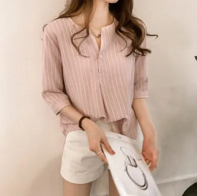 Women Office Summer V Neck Striped Loose Blouse