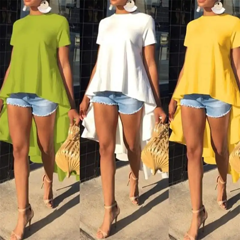 Women Fashion Solid Color Irregular High Low Hemline Blouse