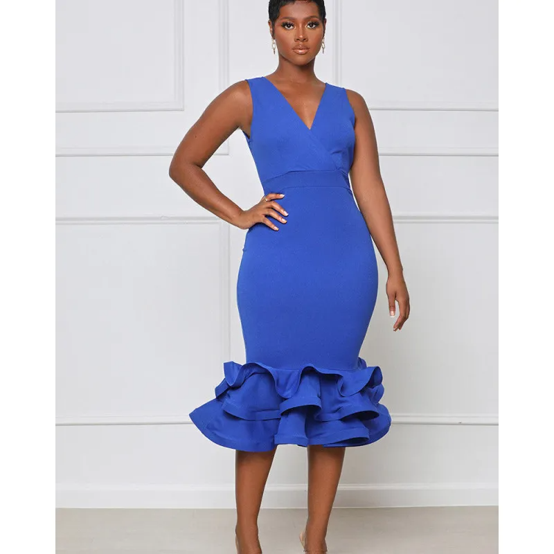 Women Fashion Sleeveless V-Neck Solid Color Dress