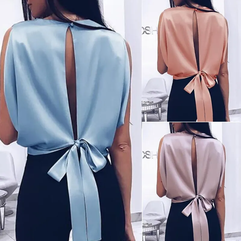 Women Sexy Solid Color Sleeveless Backless Bow Knot Blouse