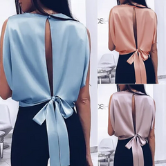 Women Sexy Solid Color Sleeveless Backless Bow Knot Blouse
