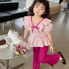 Children Kids Baby Fashion Girls Short Sleeve Bowknot Top And Flared Pants 2pcs Set