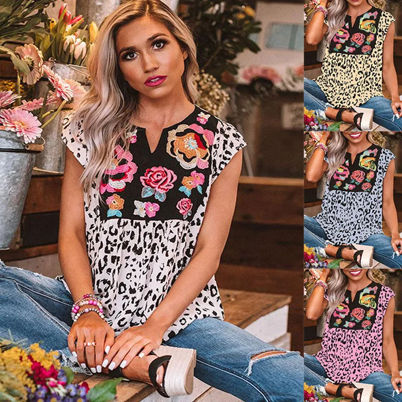Women Leopard Print Short-Sleeve Blouse