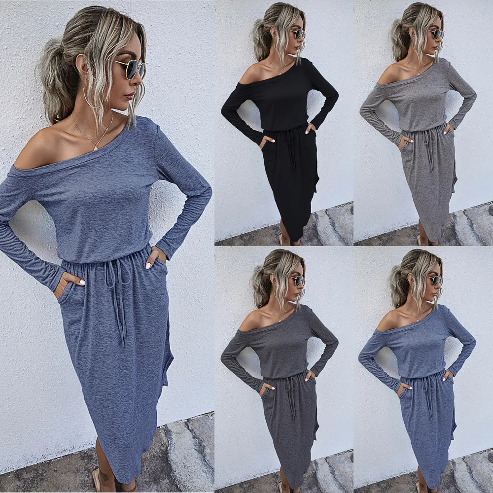 Women Fashion Solid Color Side-Slit Long Sleeve Dress