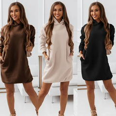 Winter Women Casual Hooded Long-Sleeved Solid Color Dress
