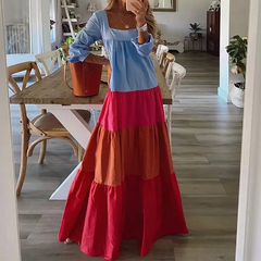 Women Casual Color Blocking Patchwork Long Sleeve Dress