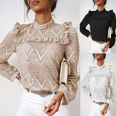 Women Chic Mock Neck Lace Patchwork Ruffle Blouse