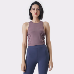 Women Casual Loose Solid Color Round Neck Sleeveless Back Split Sports Tank Top