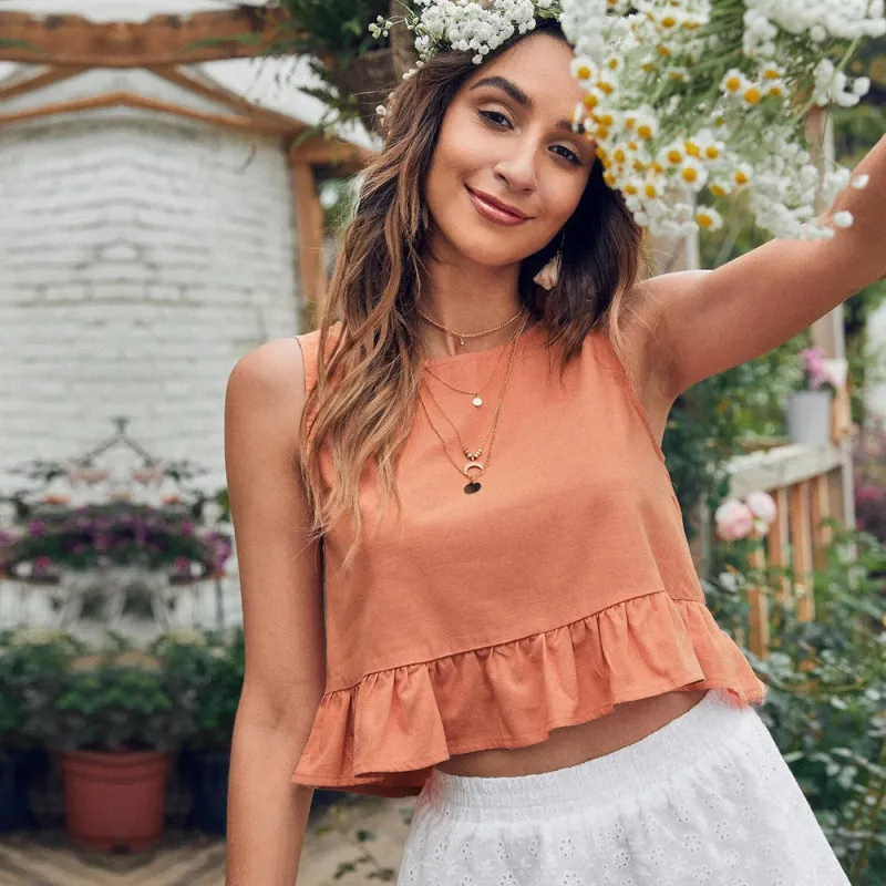 Summer Women Sweet Solid Color Round Neck Ruffled Seeveless Blouse