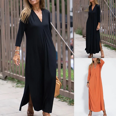 Women Solid V-Neck Split Casual Maxi Dress