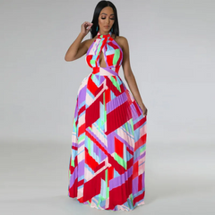 Women Fashion Halter Neck Backless Pleated Sleeveless Maxi Dress