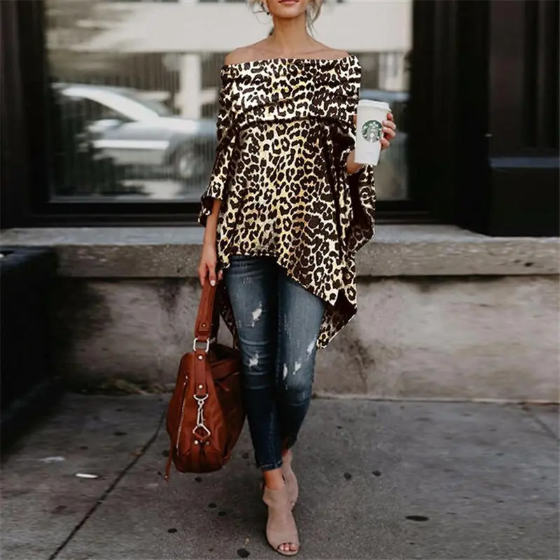 Women Loose Leopard Print Sexy Off-The-Shoulder Blouse