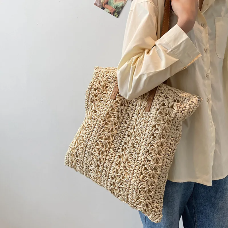 Women Pastoral Design Solid Color Straw Large Capacity Woven Shoulder Handle Bag