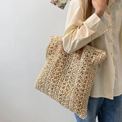 Women Pastoral Design Solid Color Straw Large Capacity Woven Shoulder Handle Bag