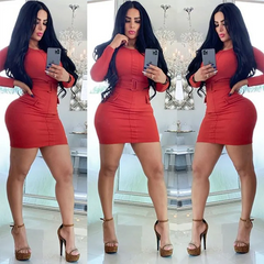 Round Collar Long-Sleeve Sash Solid Color Mini Bodycon Dress
