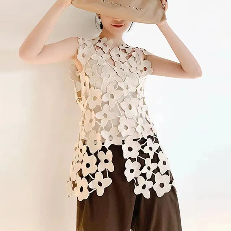 Fashion Women Simple Loose Fashion Hollow Out Lace Sleeveless Blouse