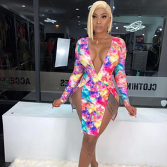 Women Sexy V-Neck Long Sleeve Tie Dye Split Mini Dress