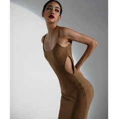 Knitted Slim Fit Cut Out Maxi Strap Dress