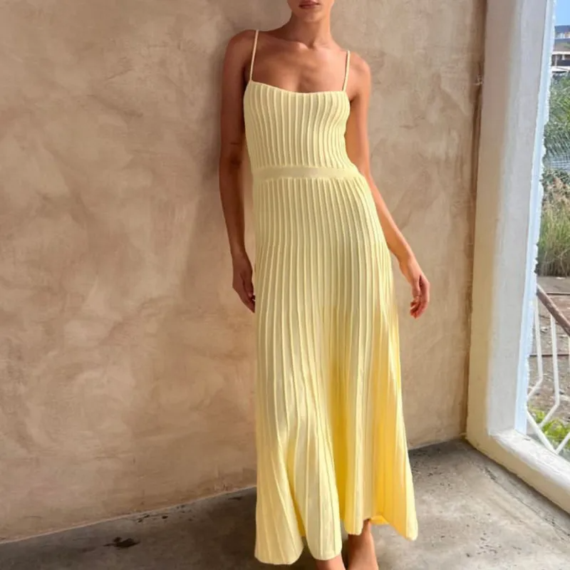 Summer Vacation Women Spaghetti Strap Slim-Fit High Waist Knitted Maxi Dress