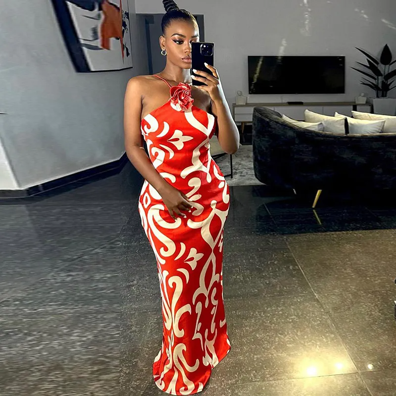 Women Fashion Print Sexy Sleeveless Bodycon Maxi Dress