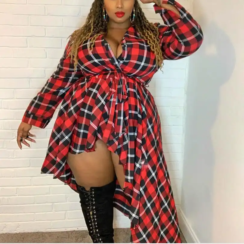 Women Irregular Hem Plaid Printing Dress