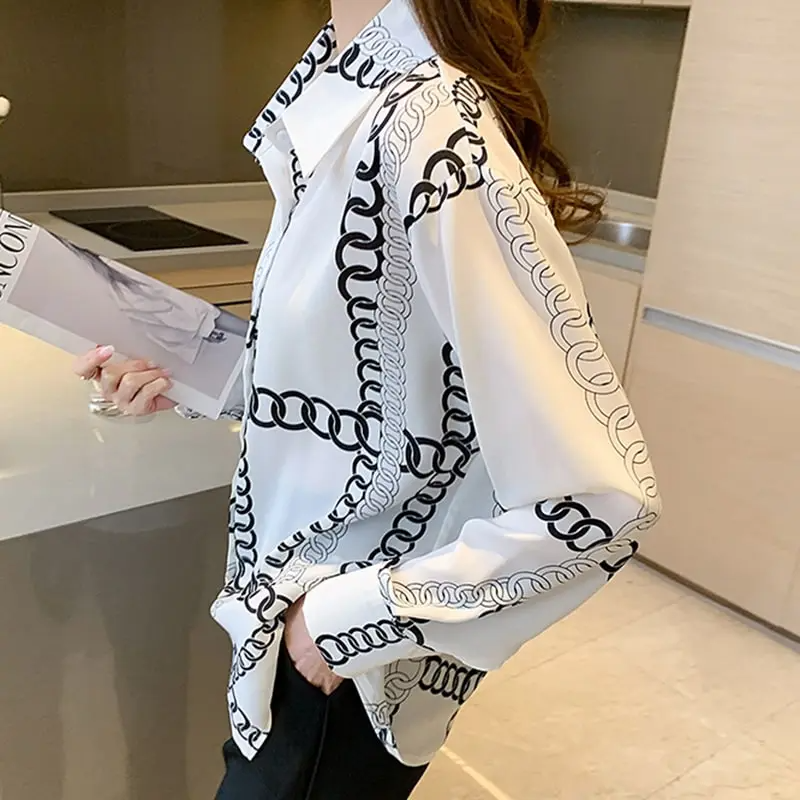 Women Fashion Graphic Printed Lapel Blouse