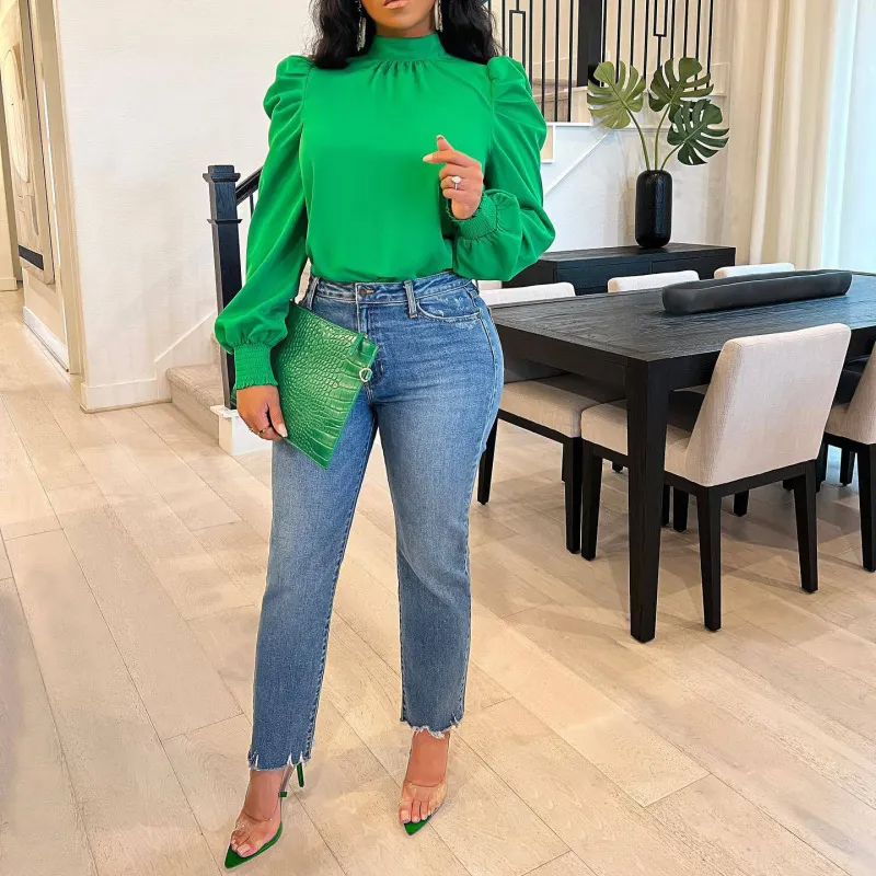 Women Fashion Solid Color Puff Sleeve Long Sleeve Blouses