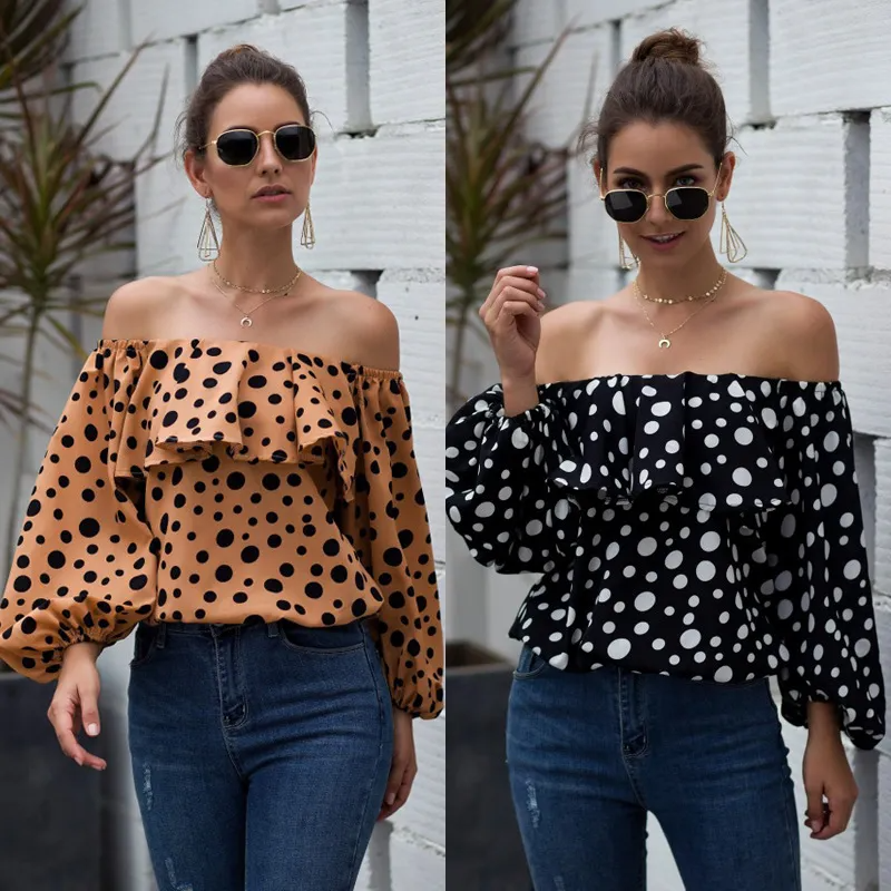 Women Fashion Polka Dot Printed Off-The-Shoulder Puff Sleeve Ruffle Blouse
