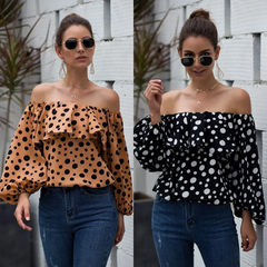 Women Fashion Polka Dot Printed Off-The-Shoulder Puff Sleeve Ruffle Blouse