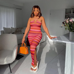 Women Edgy Sexy Backless Color Blocking Stripe Halter Neck Bodycon Dress