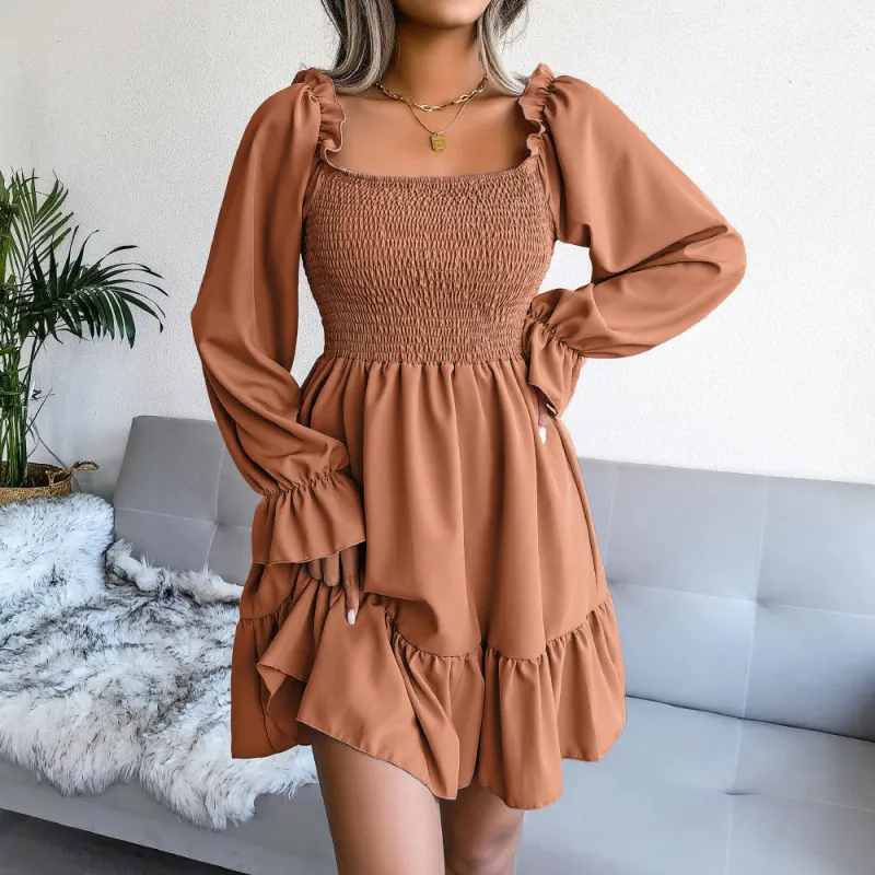 Women Fashion Square Neck Flared Long Sleeve Ruffle Swing Dress