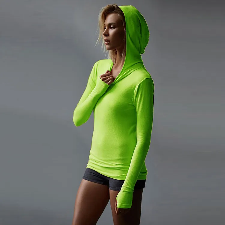 Women Casual Stretch Hooded Long Sleeve Mittens Running Sports Sweatshirt