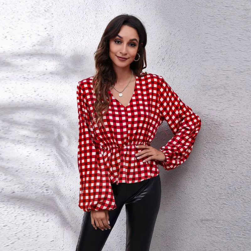 Women Casual Plaid Printed Lantern Defined Waist V Neck Long-Sleeved Chiffon Blouse