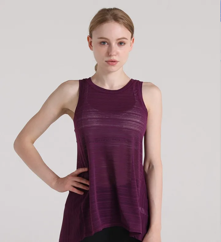 Women Casual Loose Breathable Solid Color Round Neck Sleeveless Back Split Sports Top