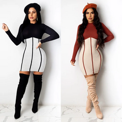 Women Fashion Round Neck Color Blocking Long Sleeve Dress