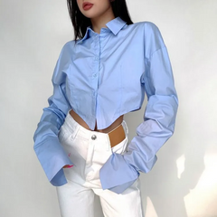 Women Fashion Solid Color Lapel Long Sleeve Crop Shirt