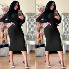 Women Fashion Solid Color Turtle Neck Long Sleeve Dress
