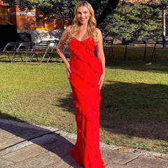 Women Fashion Sexy Solid Color Spaghetti Strap Ruffled Dress