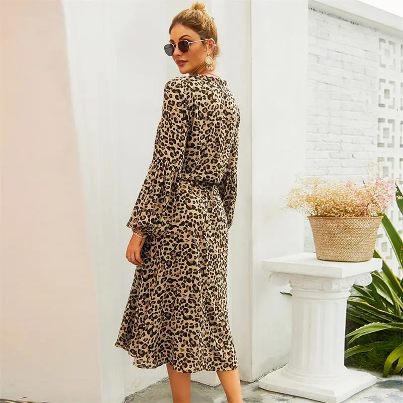 Women Leopard Printed Long Sleeve Dress