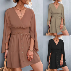 Women Basic Elegant V Neck Summer Irregular Backless Solid Color Loose Dress