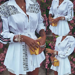 Women Fashion Lapel Lantern Sleeve Dress