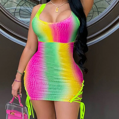 Women Sexy Edgy Hollow Out Sleeveless Rainbow Gradient Color Lace-Up Dress