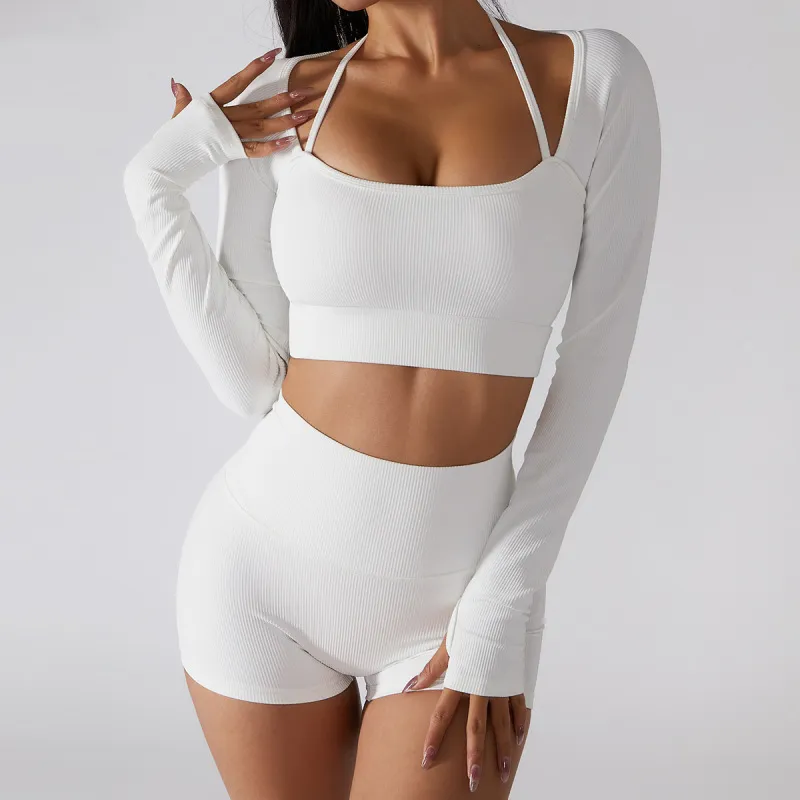 Women'S Fashion Solid Color Halter Neck Slim-Fit Fitness Tight Sports Long Sleeve Top