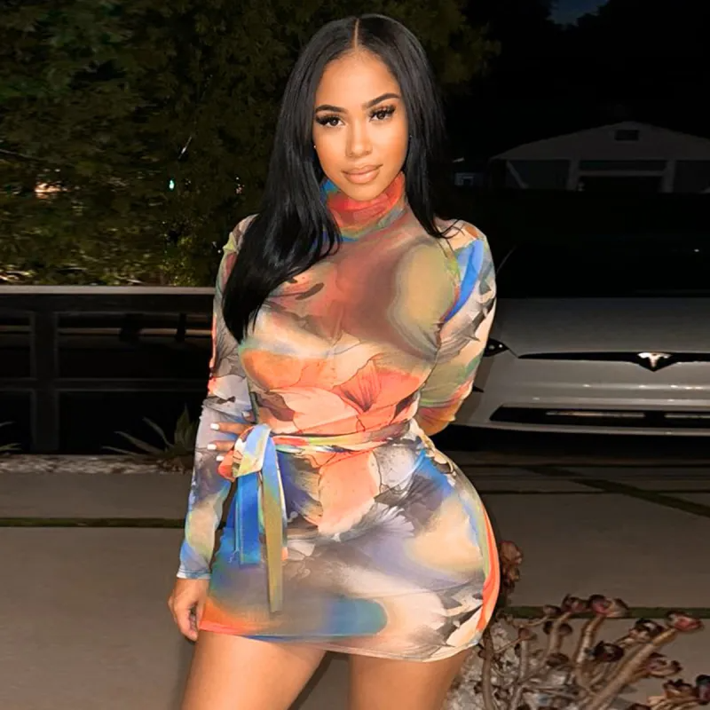 Women Sexy Tie-Dye Print Long Sleeve Bodycon Mini Dress