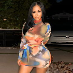 Women Sexy Tie-Dye Print Long Sleeve Bodycon Mini Dress