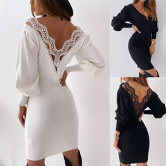 Women Fashion Solid Color Backless Lace Patchwork Dress