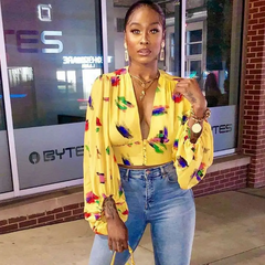 Sexy Deep V-Neck Single-Breasted Tie Dye Lantern Long-Sleeve Blouse