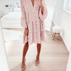 Women Casual V-Neck Leopard Print Lantern Sleeve Dress