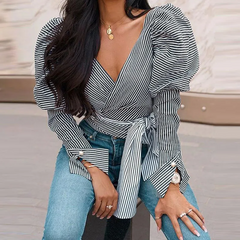 Women Sexy Striped Lace-Up V-Neck Puff Long Sleeve Blouse